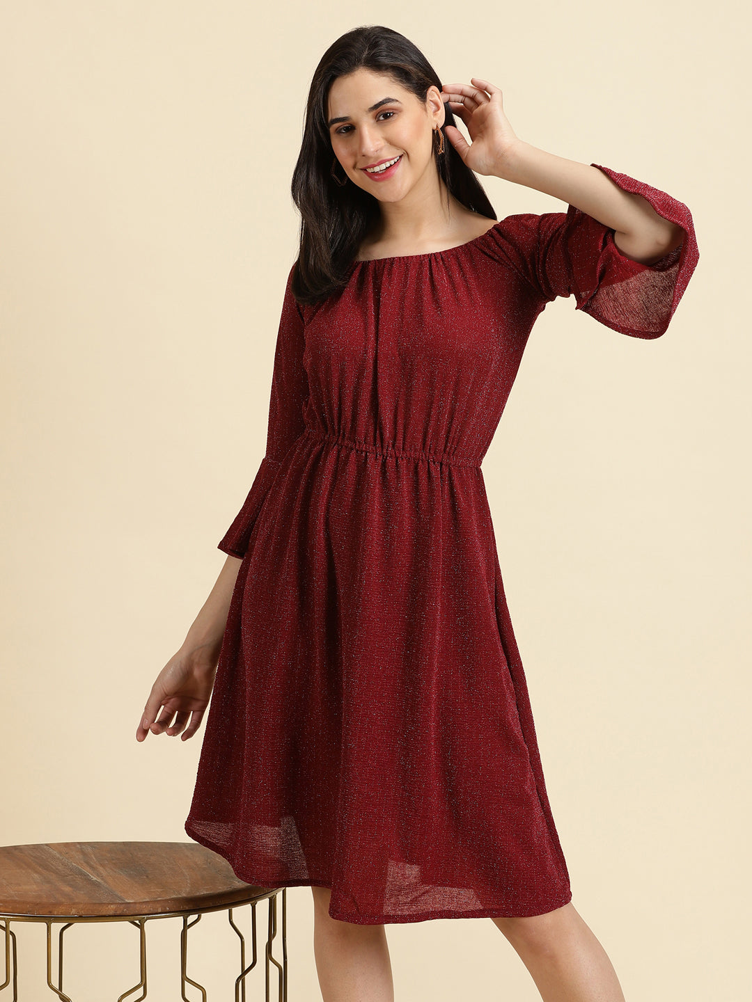 Women's Maroon Embellished Fit and Flare Dress