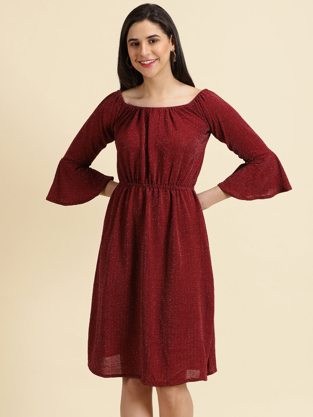 Women's Maroon Embellished Fit and Flare Dress