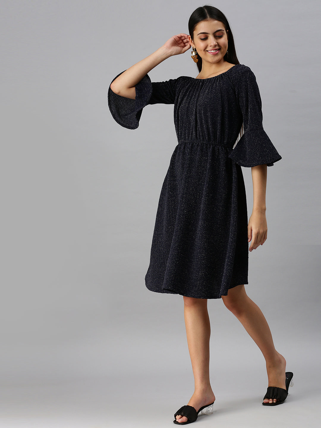 Women's A-Line Navy Blue Solid Dress