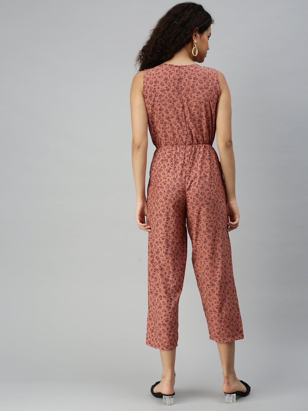 Women's Brown Printed Basic Jumpsuit