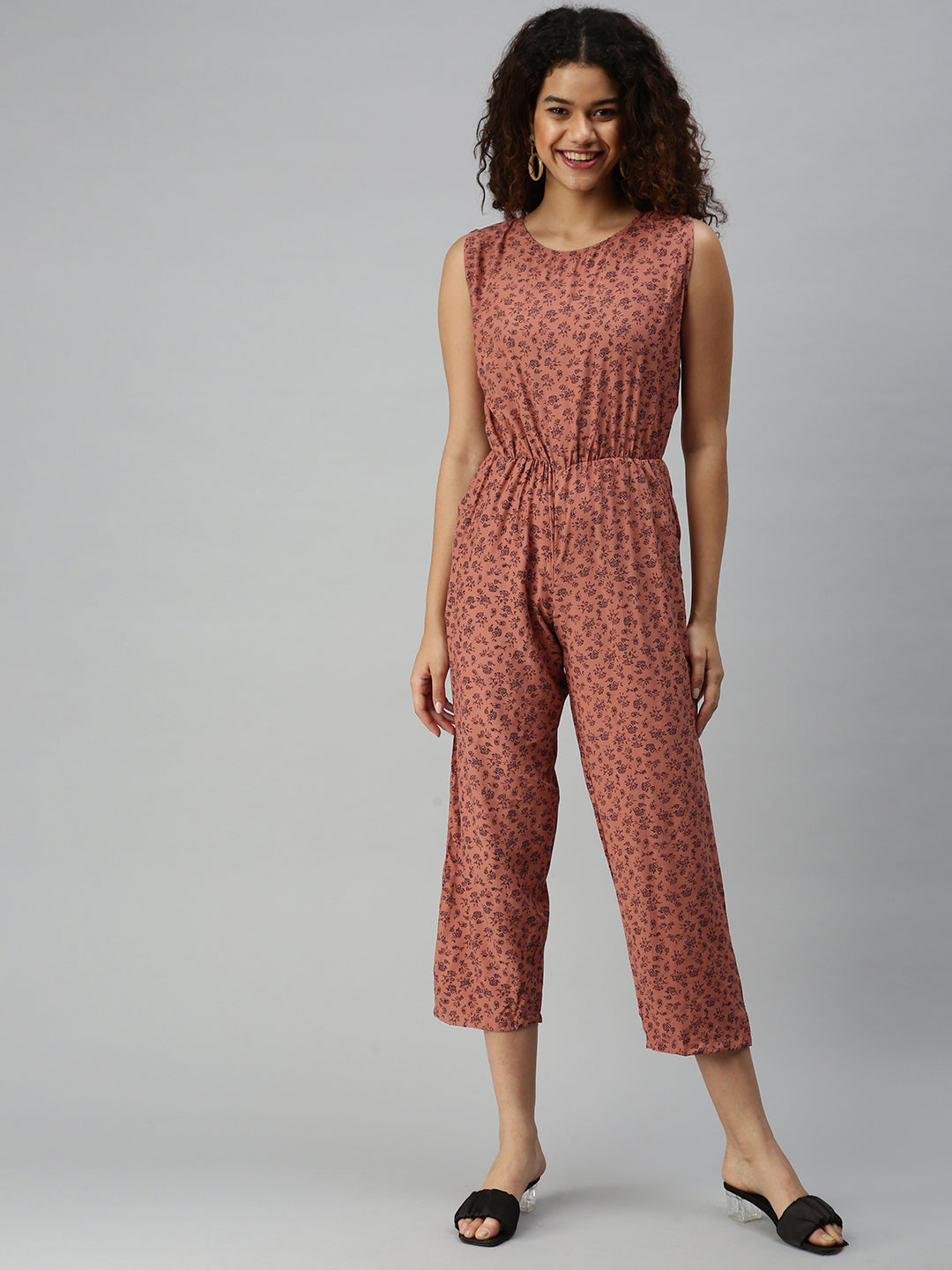Women's Brown Printed Basic Jumpsuit