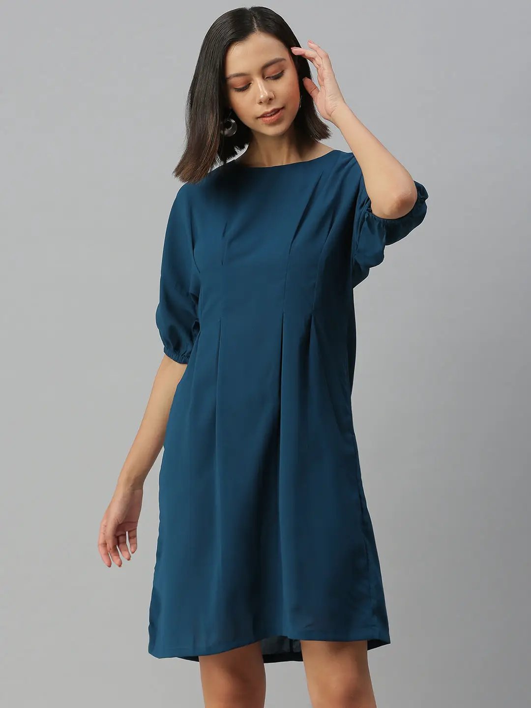 Women's Blue Solid A-Line Dress