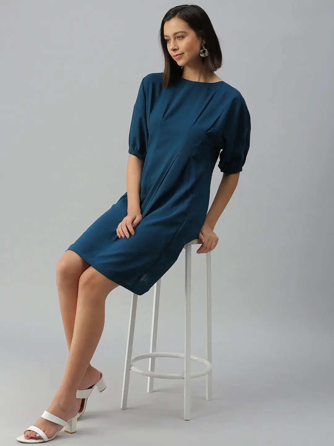 Women's Blue Solid A-Line Dress