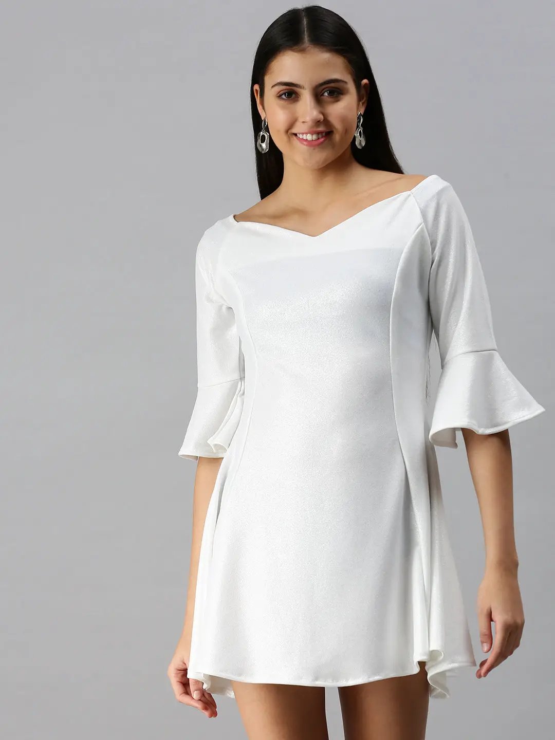 Shop Women's White Solid Fit and Flare Scuba Dress| Showoffff Shop Women's White Solid Fit and Flare Scuba Dress| Showoffff
