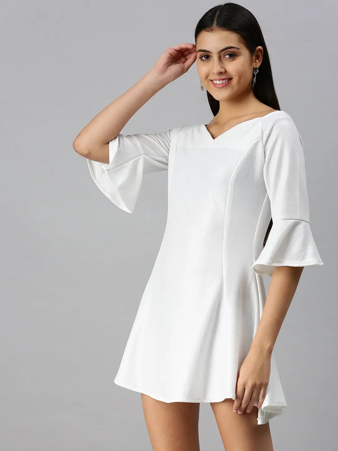 Shop Women's White Solid Fit and Flare Scuba Dress| Showoffff Shop Women's White Solid Fit and Flare Scuba Dress| Showoffff