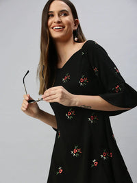 Women's Black Floral Embroidered Scuba A-Line Mini Dress