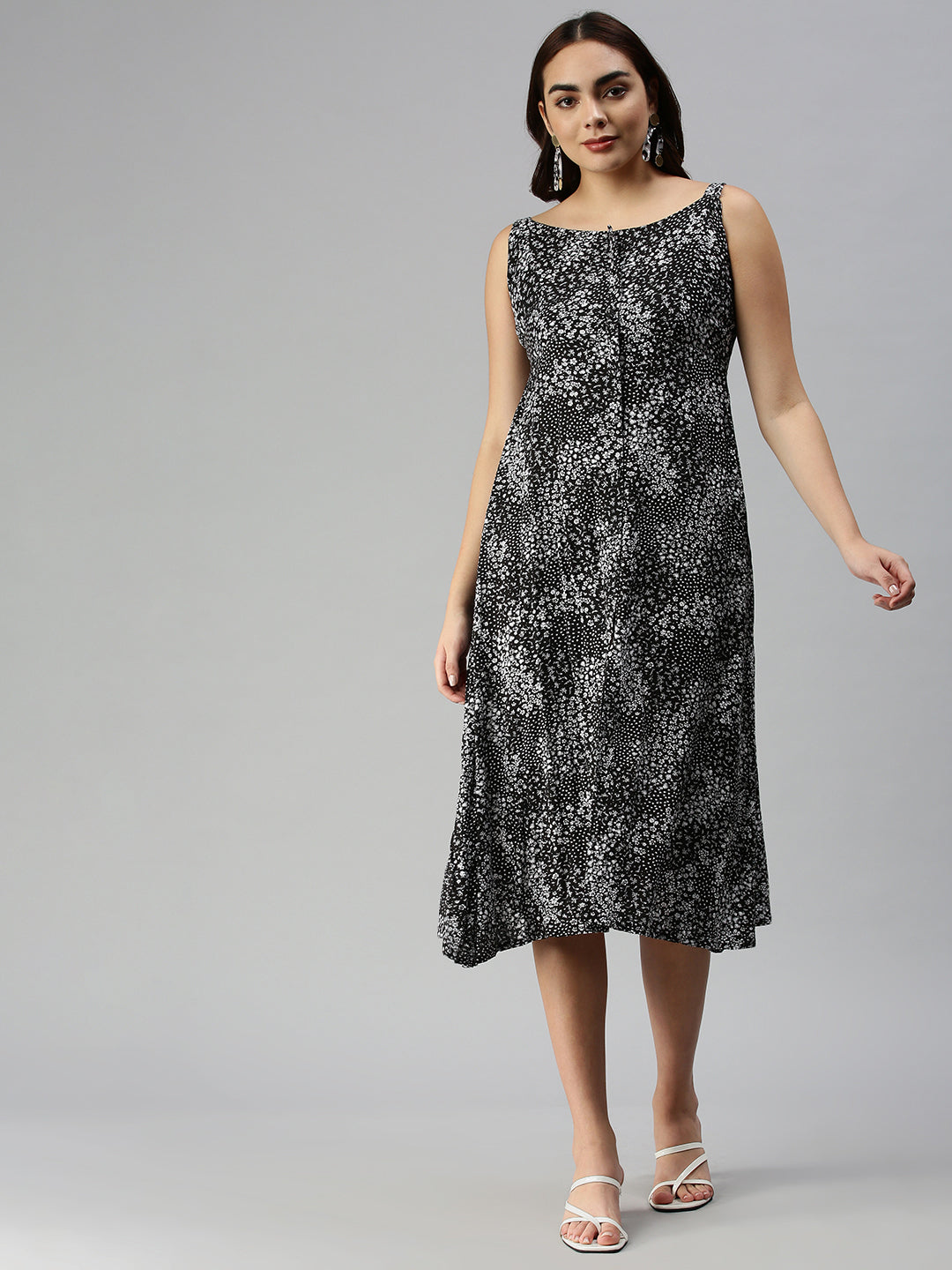 Women Black Printed A-Line Dress