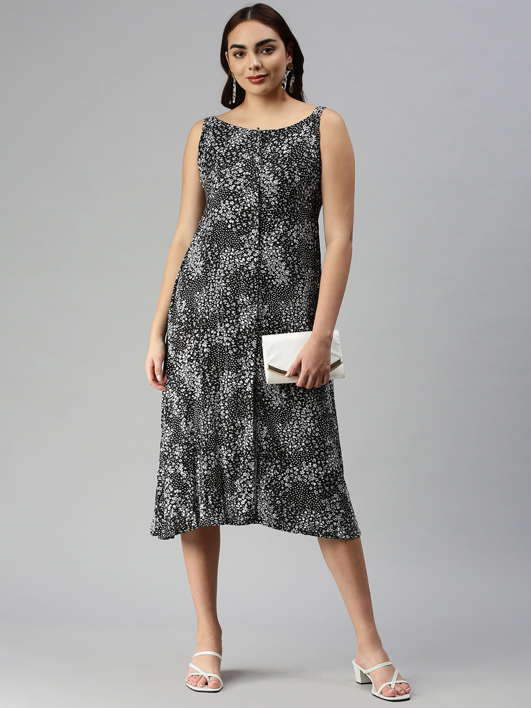 Women Black Printed A-Line Dress