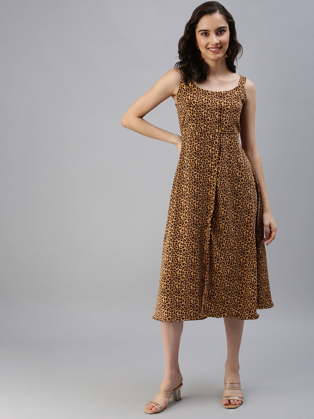 Women's Animal Camel Brown Fit and Flare Dress