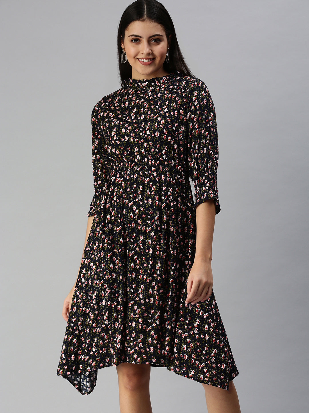 Women Navy Blue Printed A-Line Dress