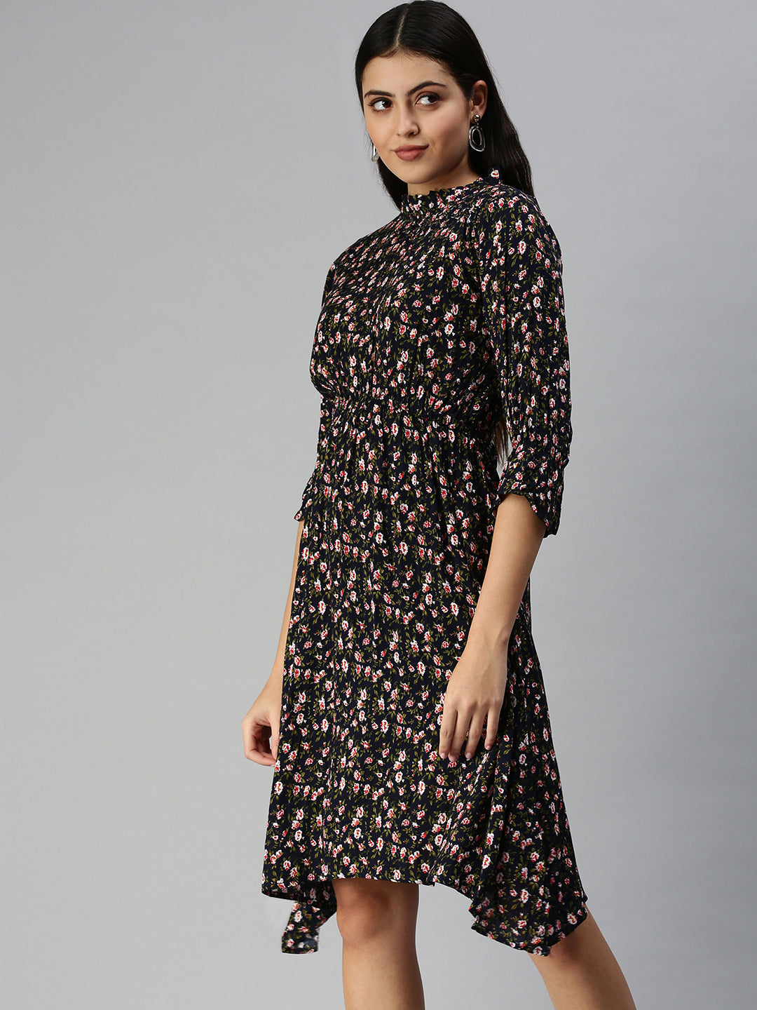 Women Navy Blue Printed A-Line Dress