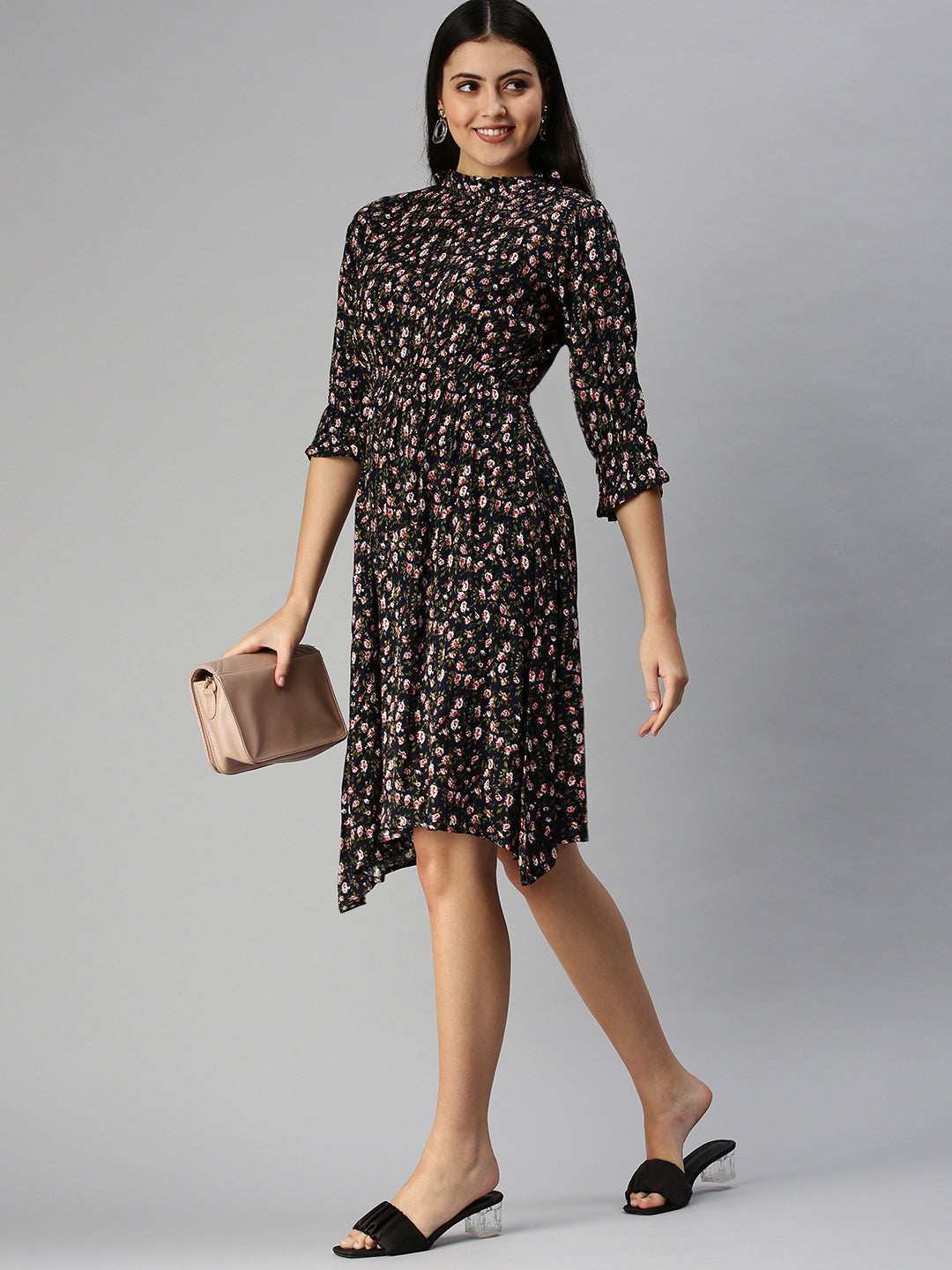 Women Navy Blue Printed A-Line Dress