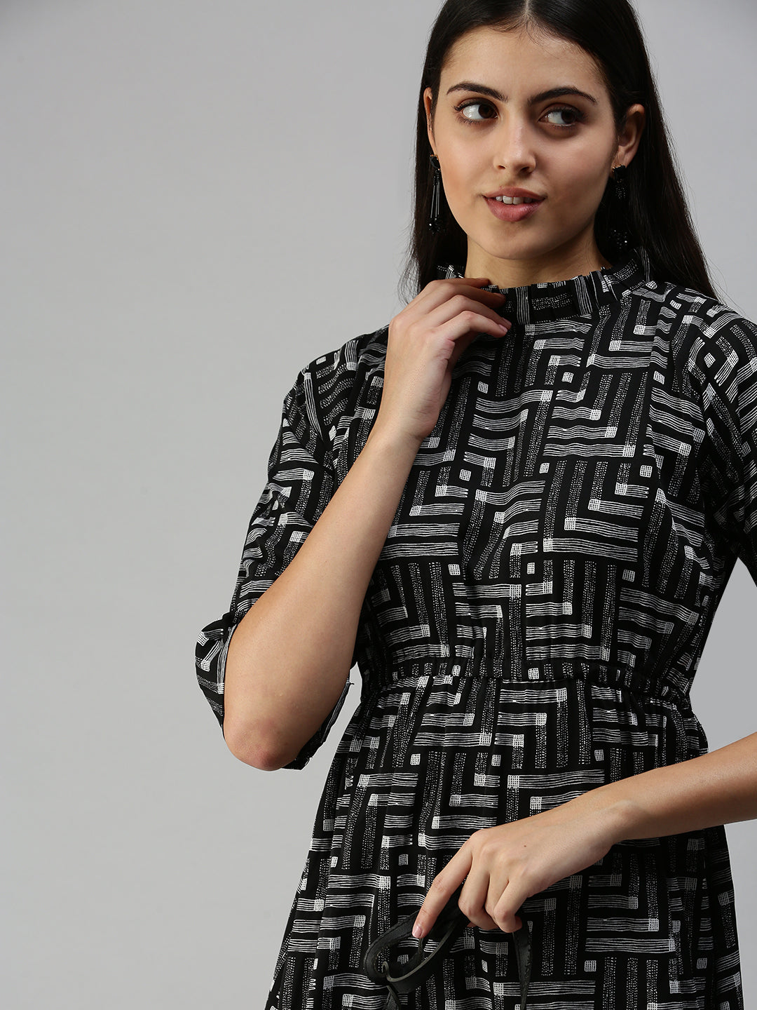 Women's Black Geometric A-Line Dress