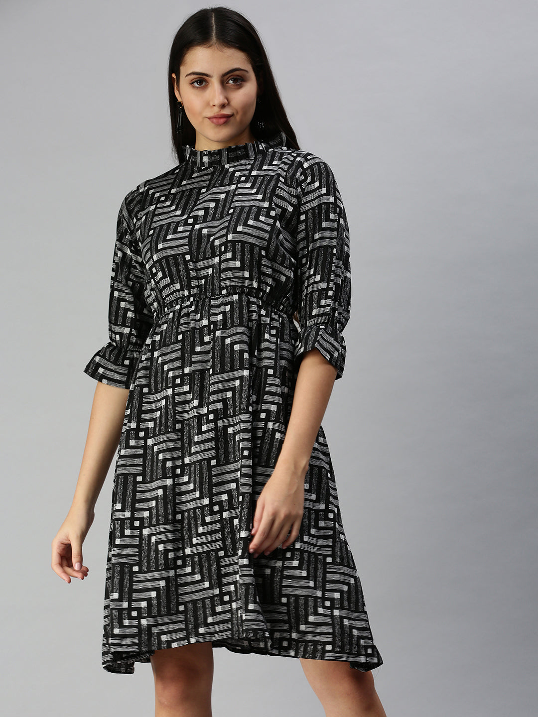 Women's Black Geometric A-Line Dress