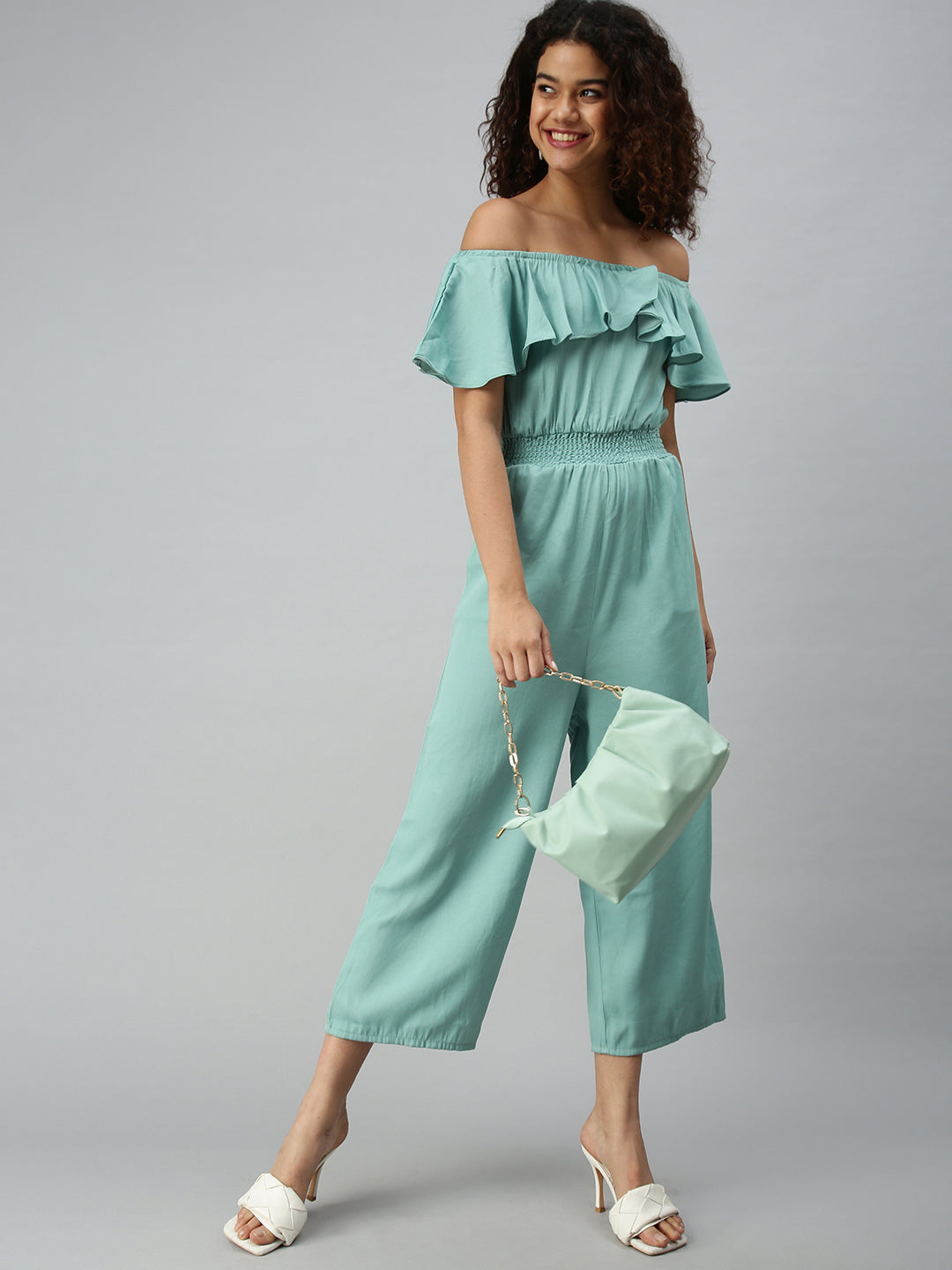 Women's Green Off-Shoulder Basic Cotton Jumpsuit