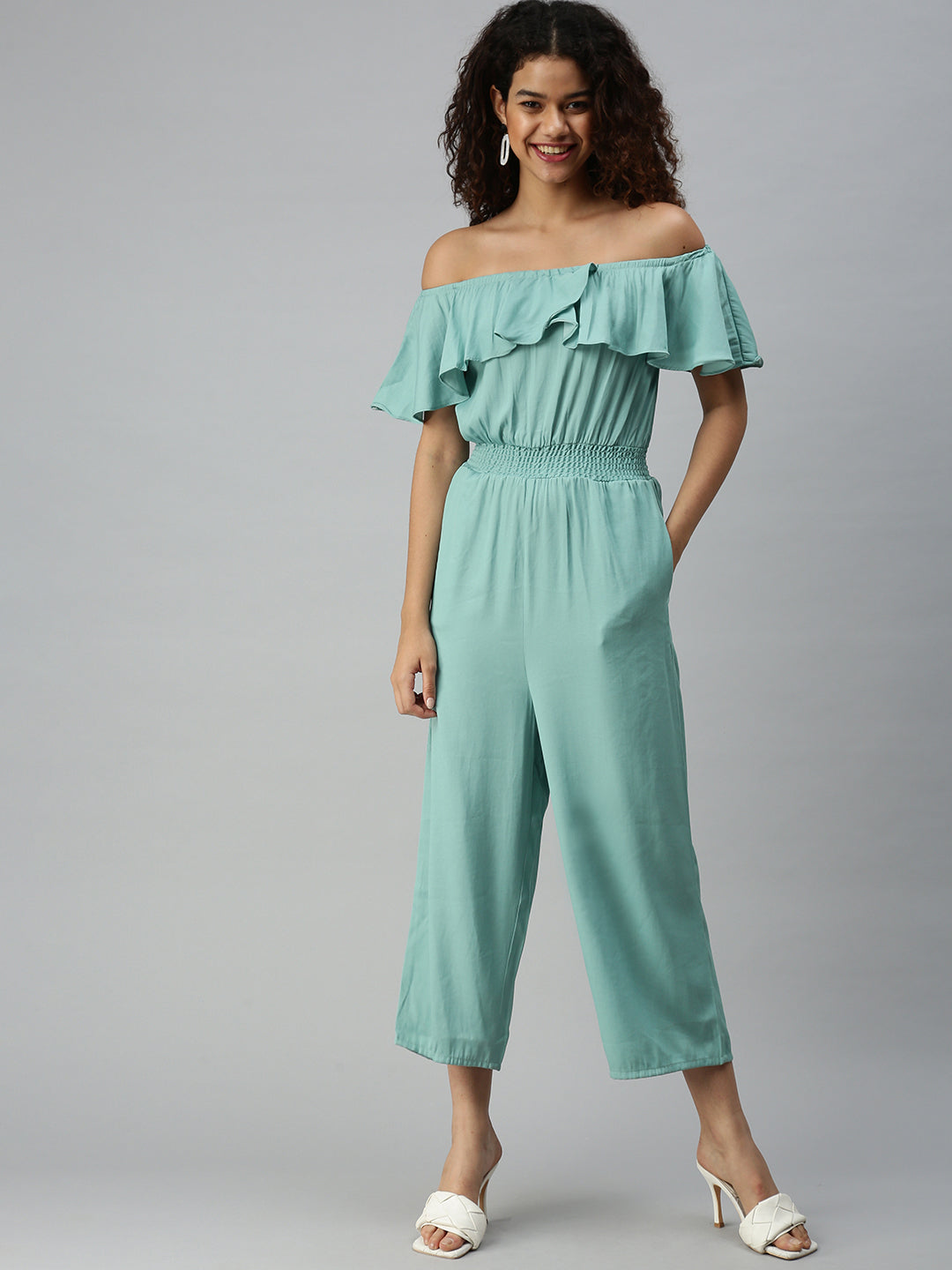 Women's Green Off-Shoulder Basic Cotton Jumpsuit