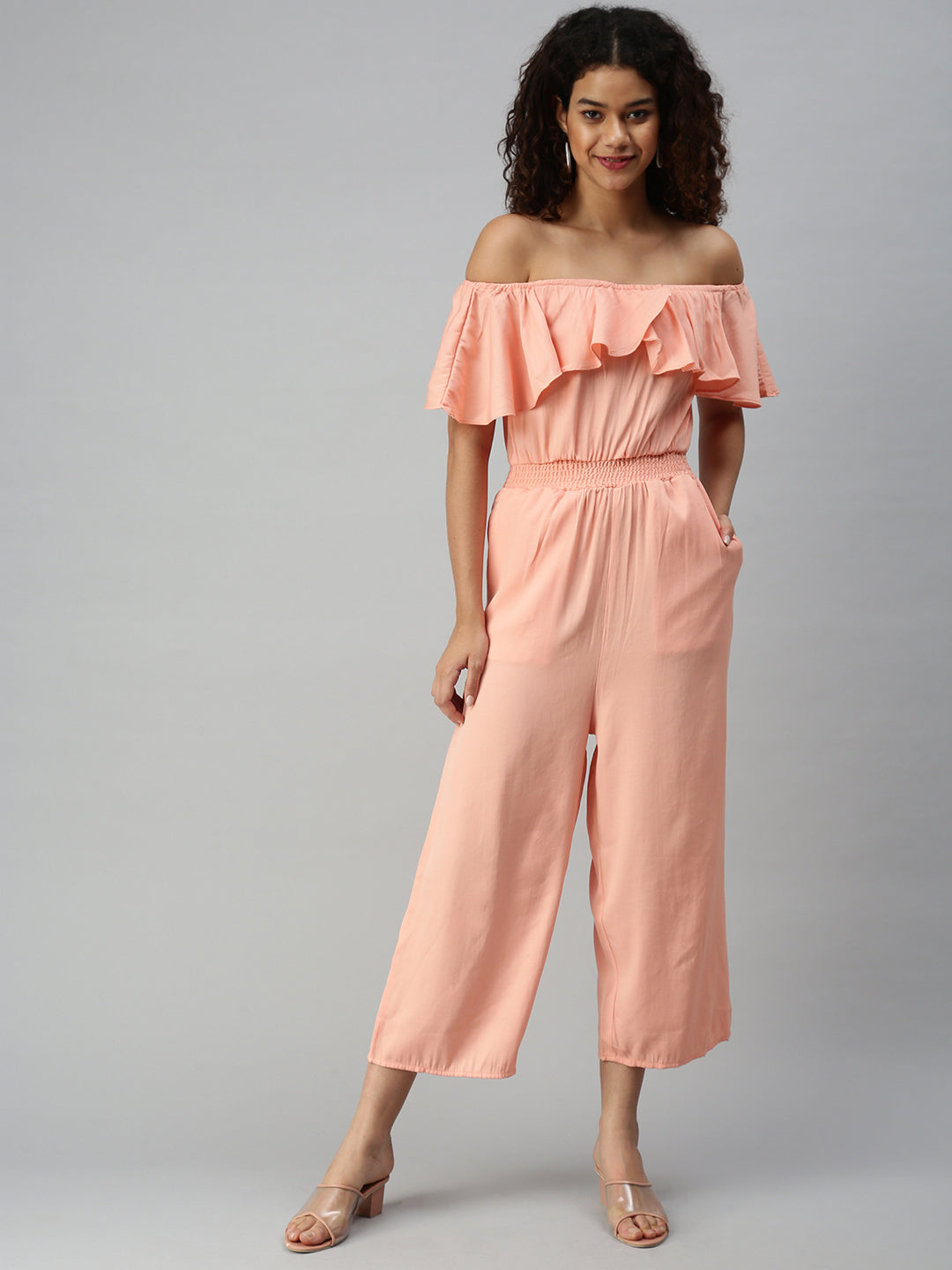 Women's Peach Solid Off-Shoulder Ruffles Cotton Basic Jumpsuit
