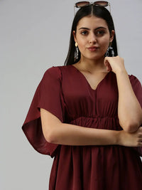 Women's Maroon Crepe A-Line Dress