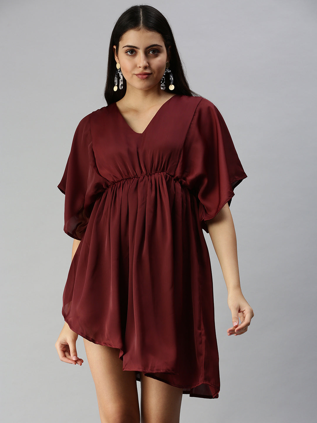 Women's Maroon Solid A-Line Dress