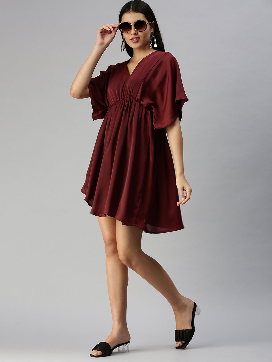 Women's Maroon Solid A-Line Dress