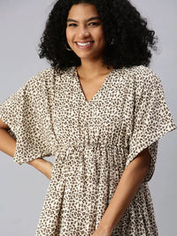 Women's Beige Animal Crepe Kaftan Top