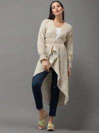 Women's Beige Geometric Print Crepe High-Low Longline Top