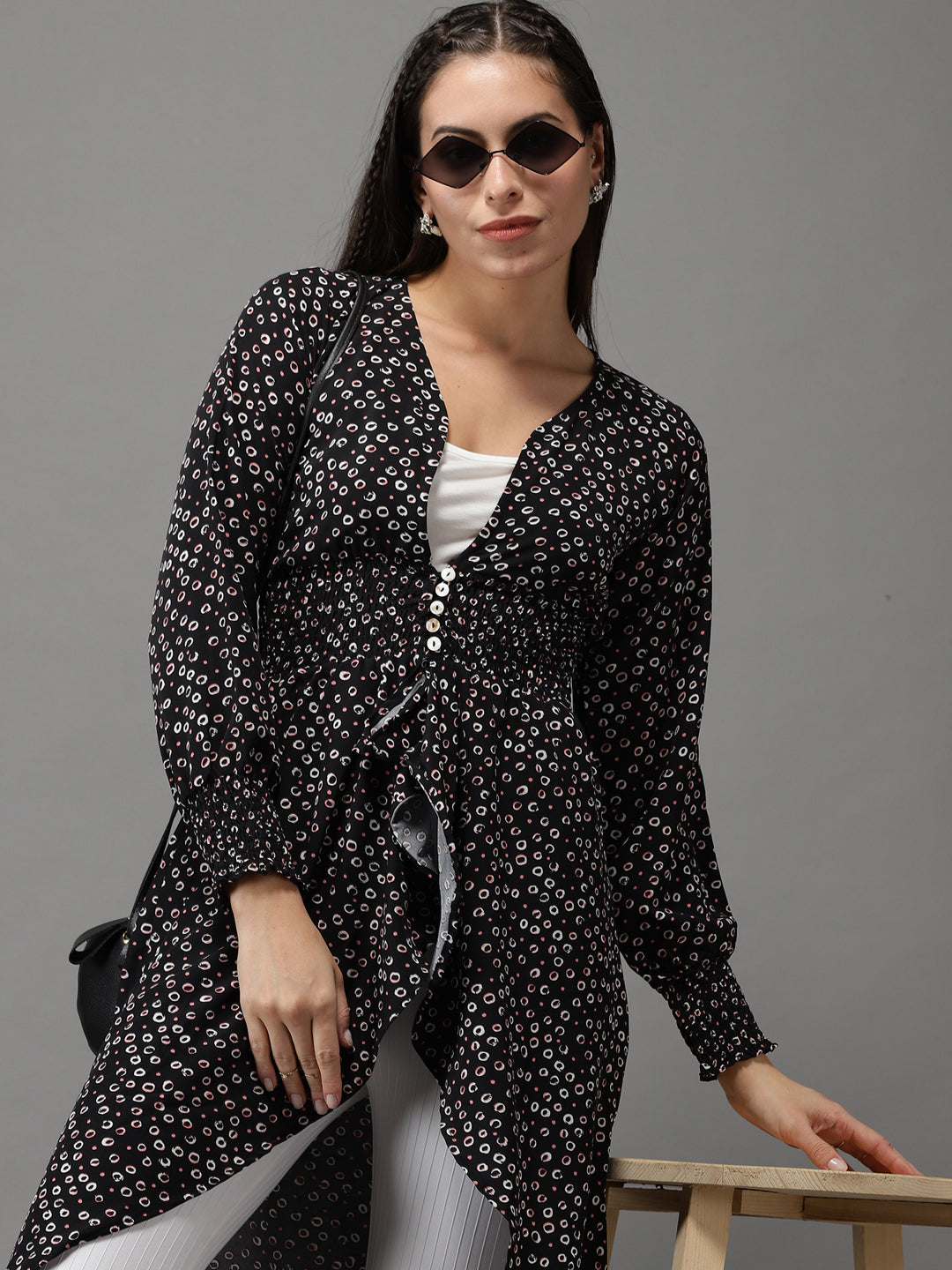 Women's Black Printed High-Low Longline Top