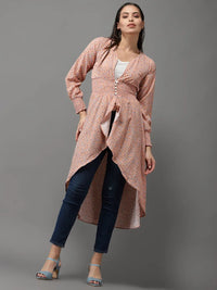 Women's Peach Geometric Print Crepe High-Low Longline Top