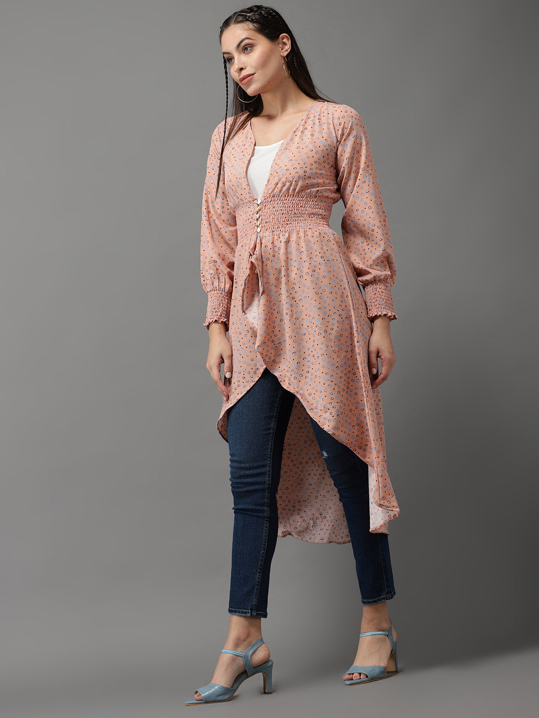 Women's Pink Printed High-Low Longline Top