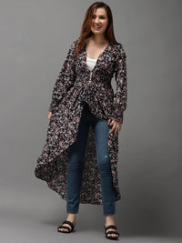 Women's Black Floral Print Georgette High-Low Longline Top