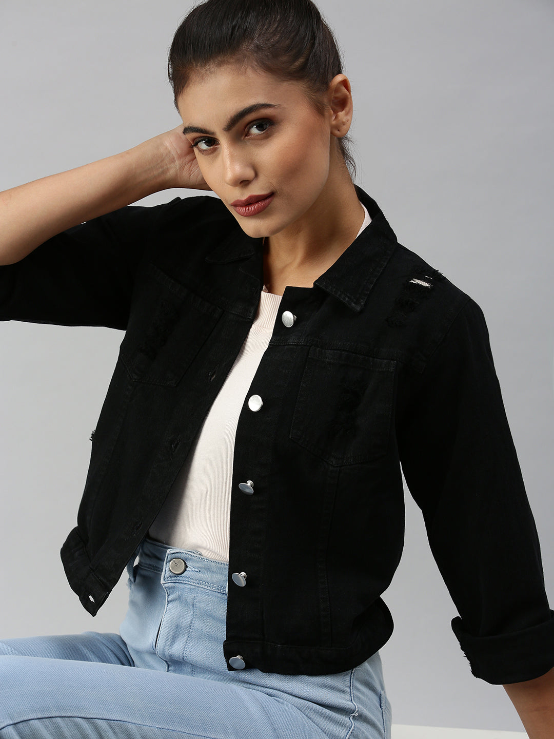Women's Black Distressed Crop Denim Jacket