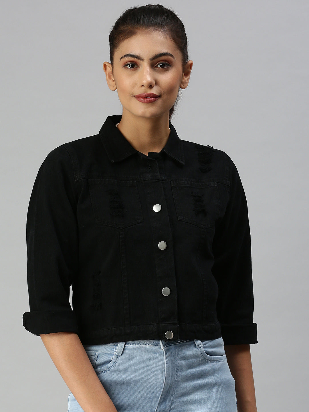 Women's Black Distressed Crop Denim Jacket