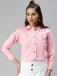 Women's Pink Solid Denim Jacket Jackets