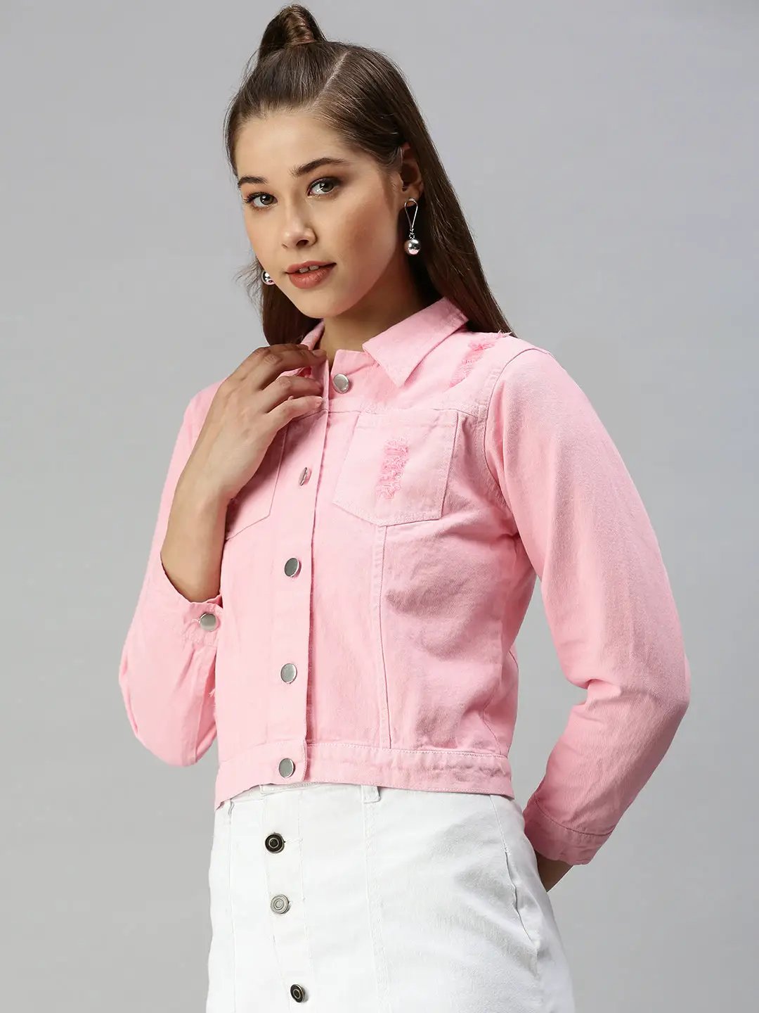 Women's Pink Solid Denim Jacket Jackets