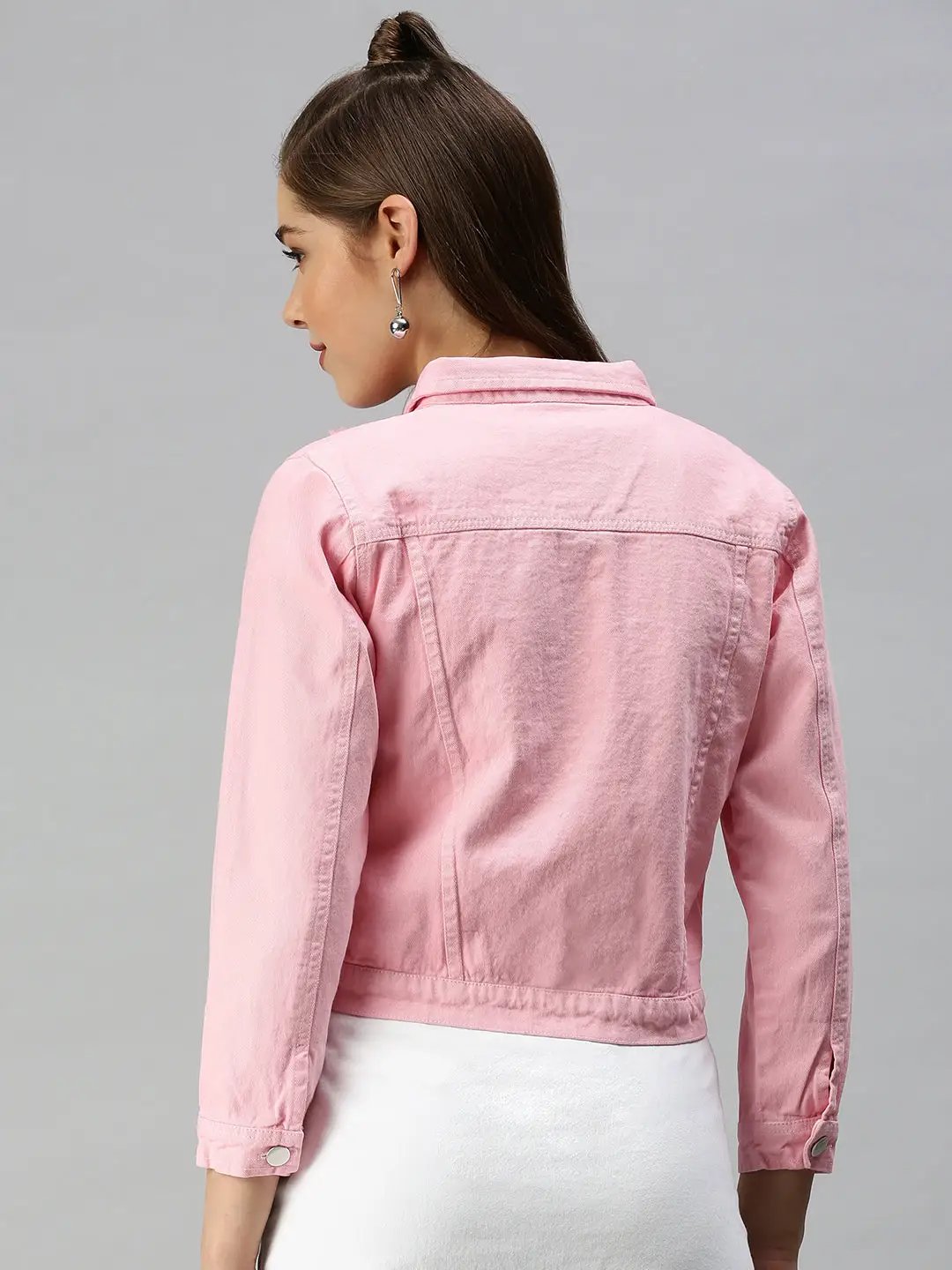 Women's Pink Solid Denim Jacket Jackets
