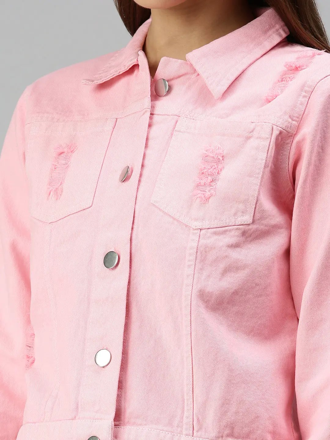 Women's Pink Solid Denim Jacket Jackets