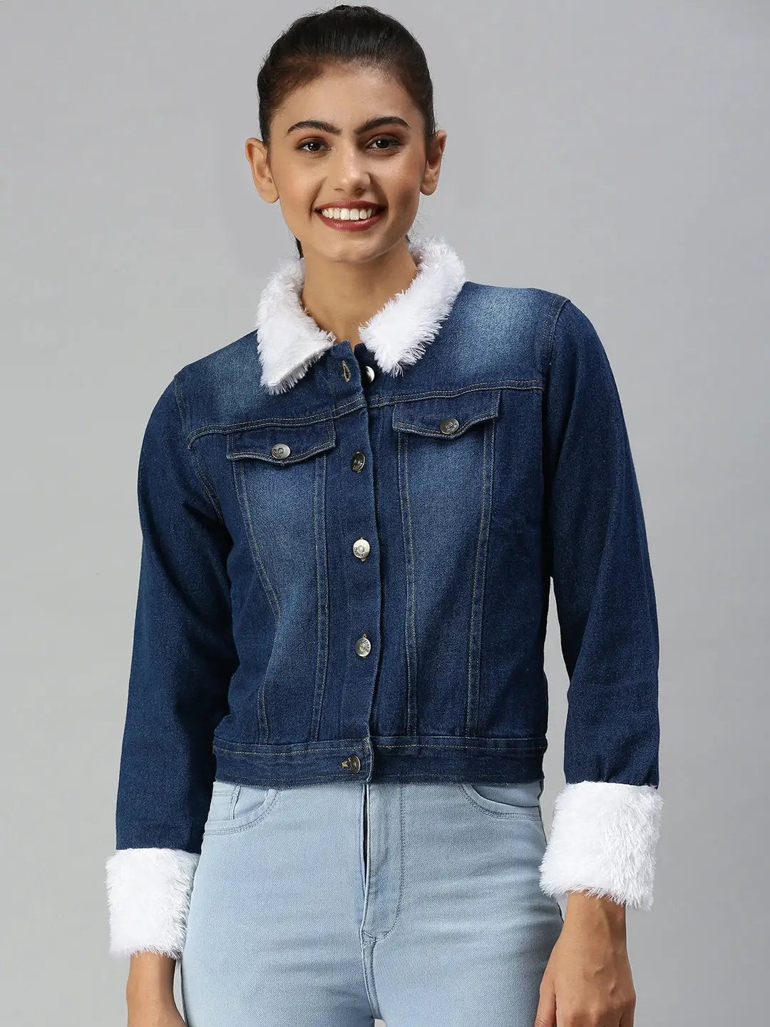 Women's Navy Blue Solid Denim Jacket Jackets