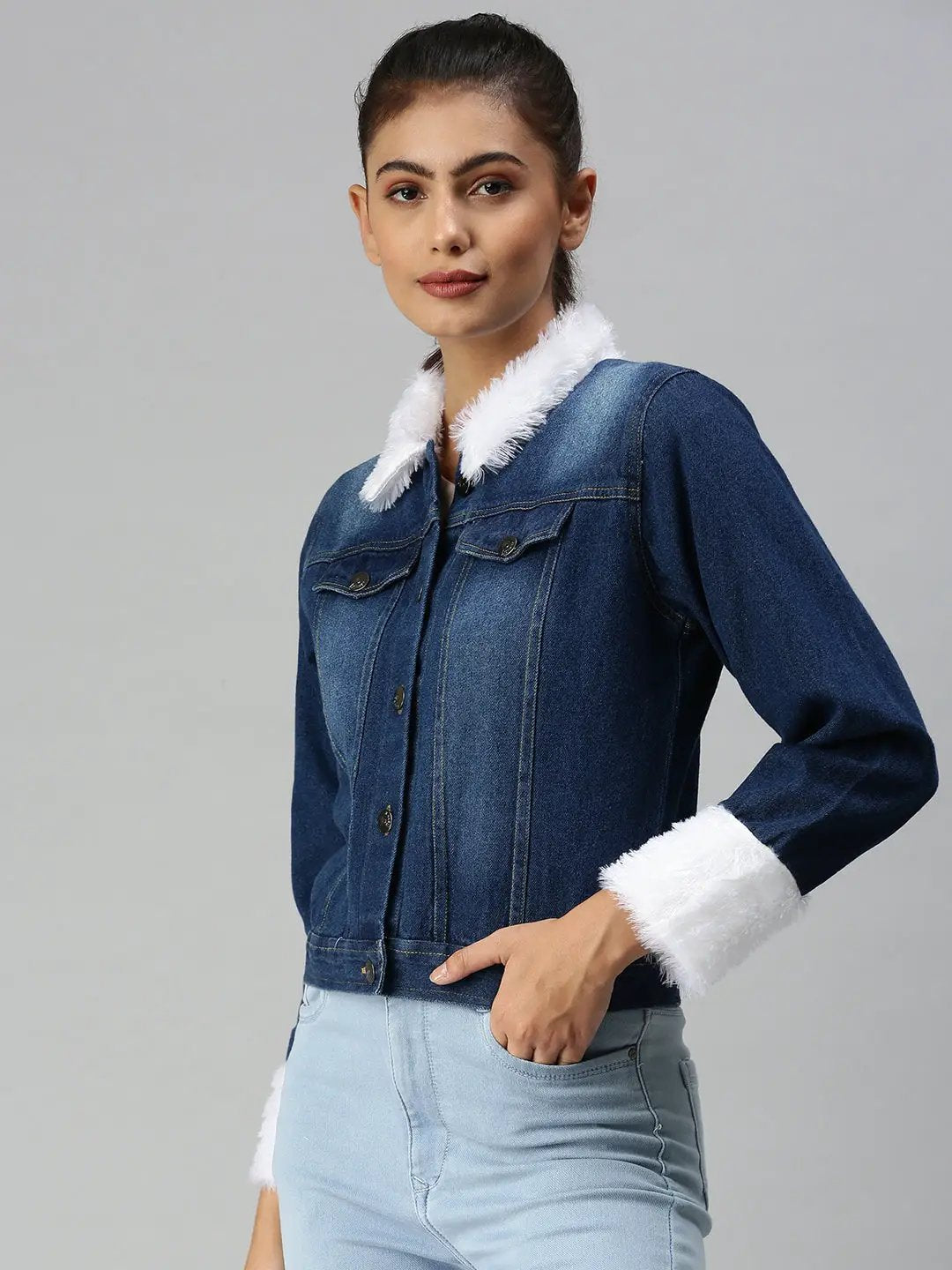 Women's Navy Blue Solid Denim Jacket Jackets
