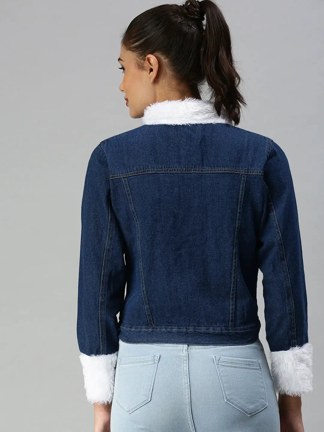 Women's Navy Blue Solid Denim Jacket Jackets
