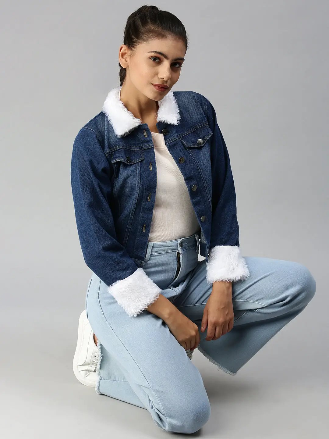 Women's Navy Blue Solid Denim Jacket Jackets