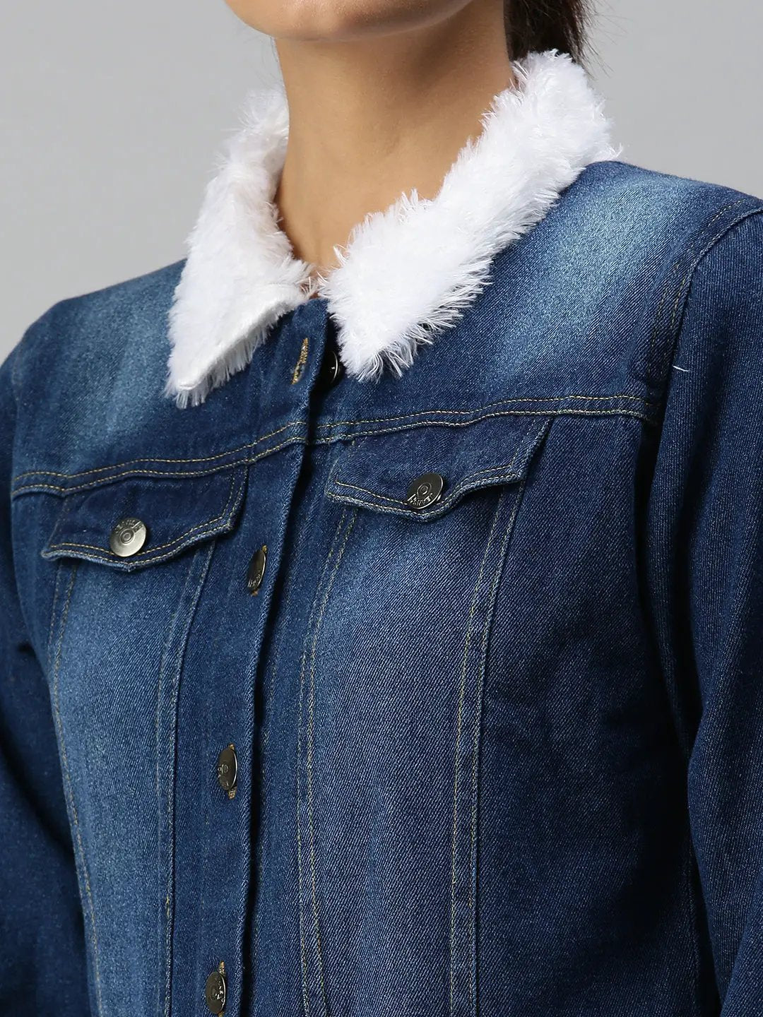 Women's Navy Blue Solid Denim Jacket Jackets