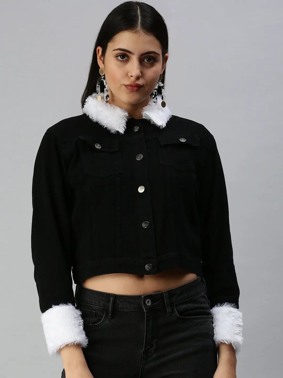 Women's Black Solid Denim Jacket Jackets