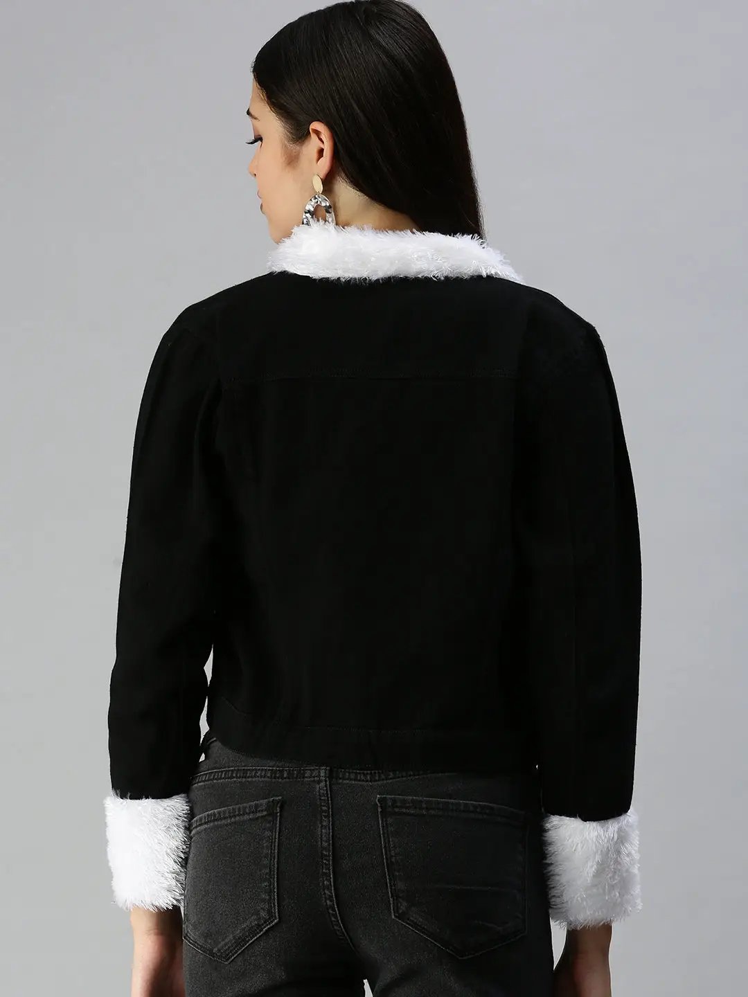 Women's Black Solid Denim Jacket Jackets