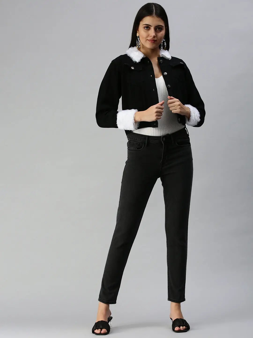 Women's Black Solid Denim Jacket Jackets