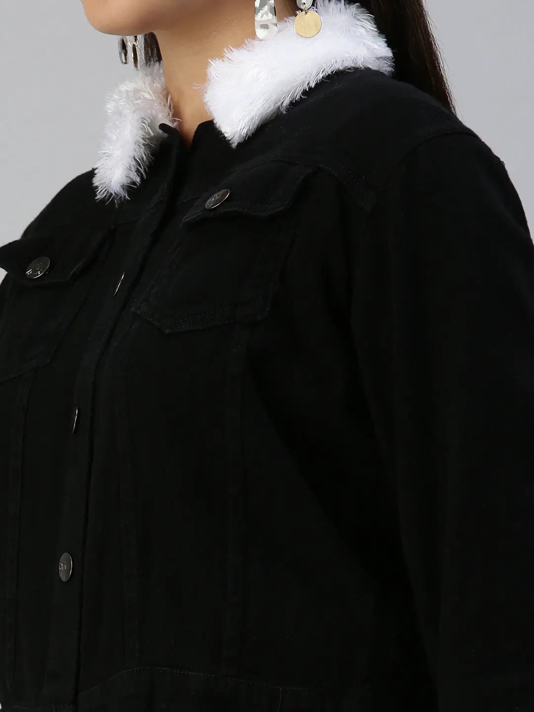 Women's Black Solid Denim Jacket Jackets