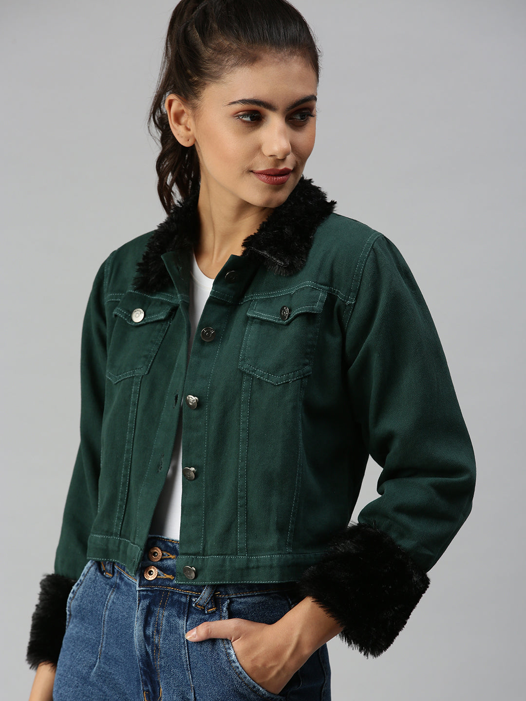 Women's Green Solid Crop Denim Jacket
