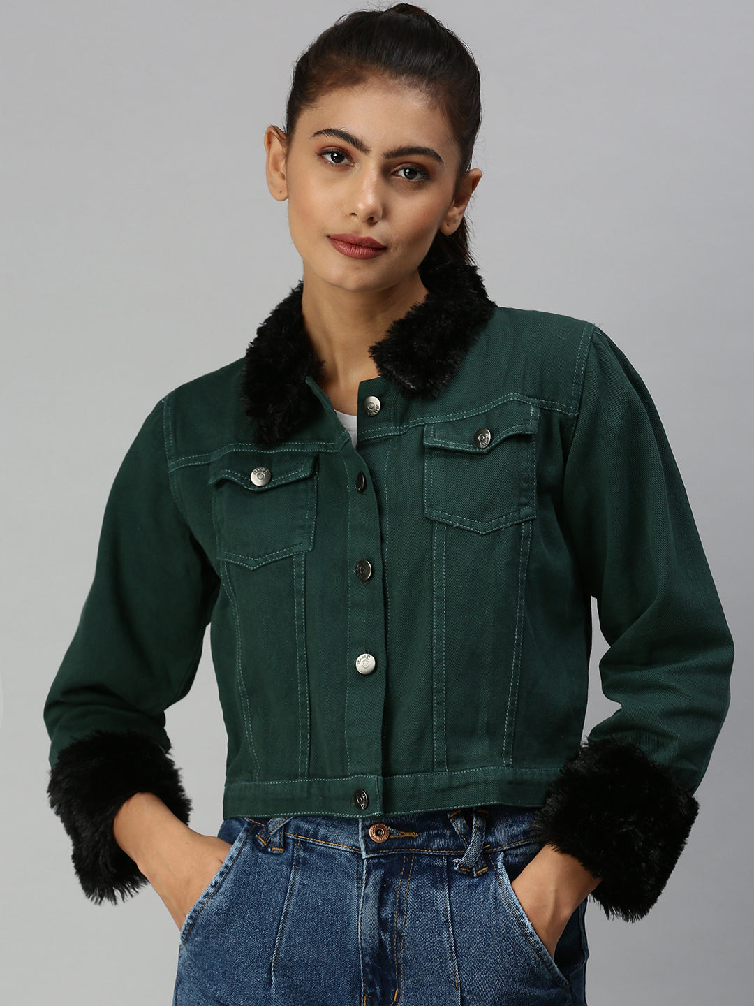 Women's Green Solid Crop Denim Jacket
