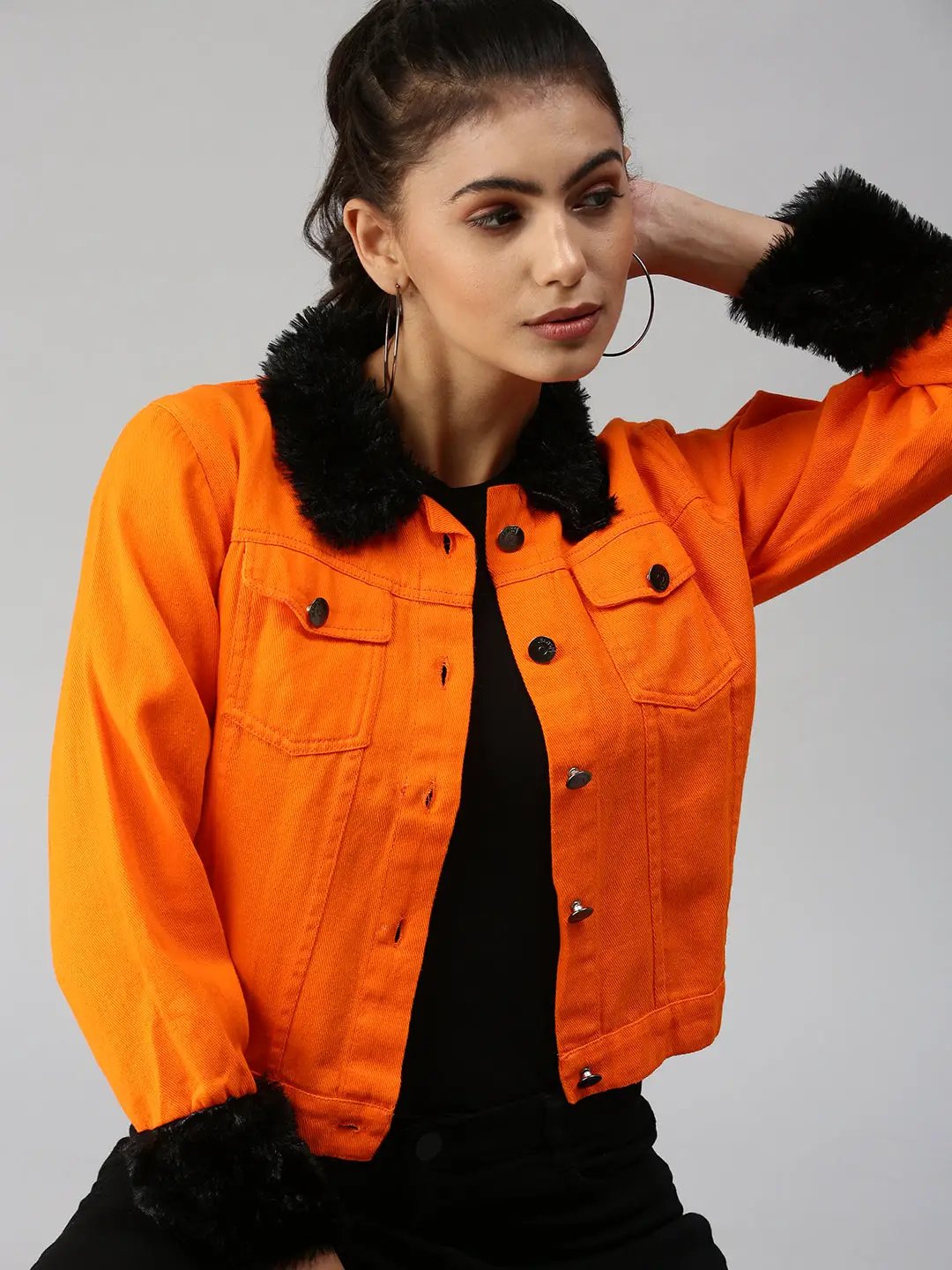 Women's Orange Solid Denim Jacket Jackets