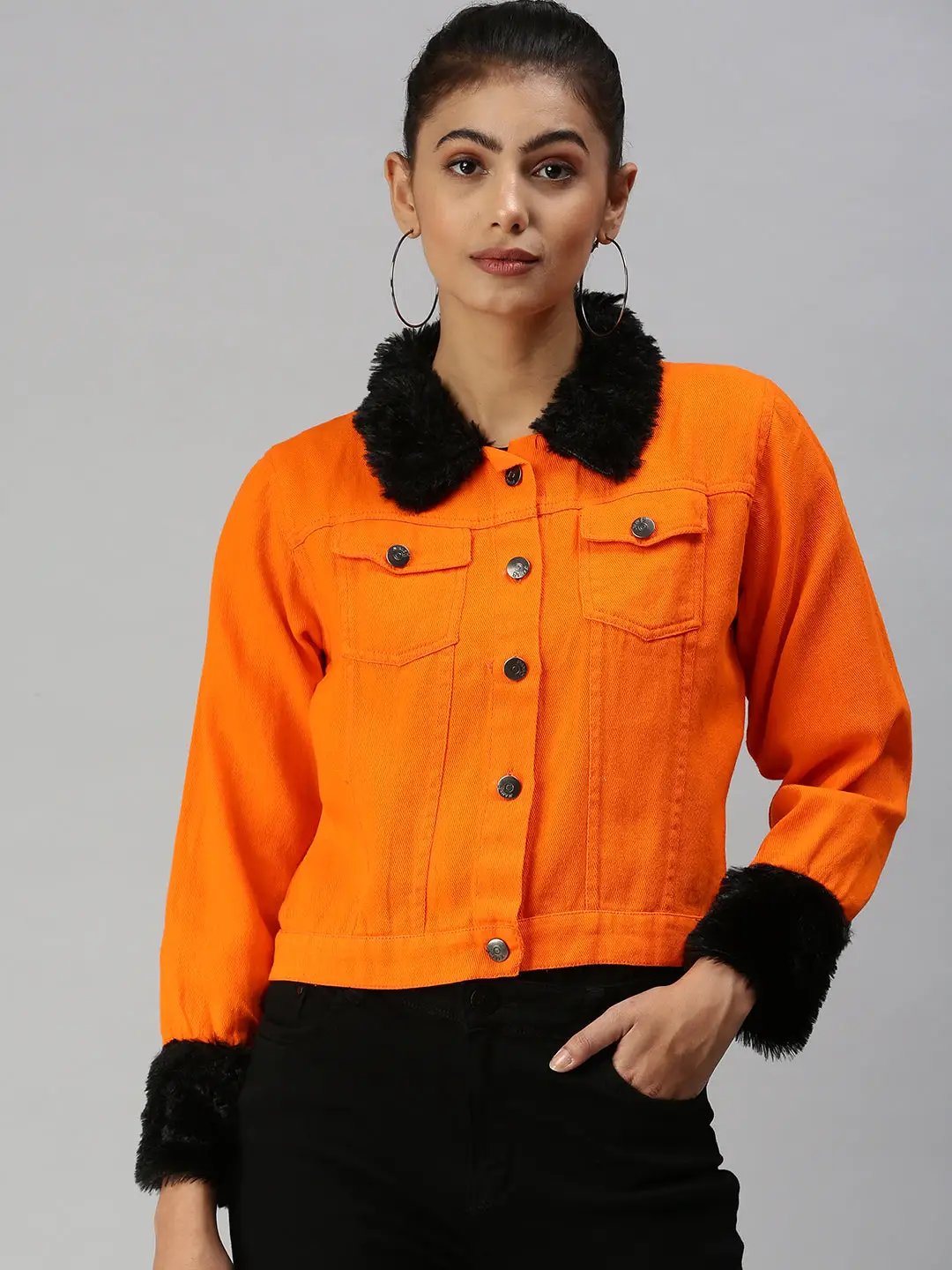Women's Orange Solid Denim Jacket Jackets