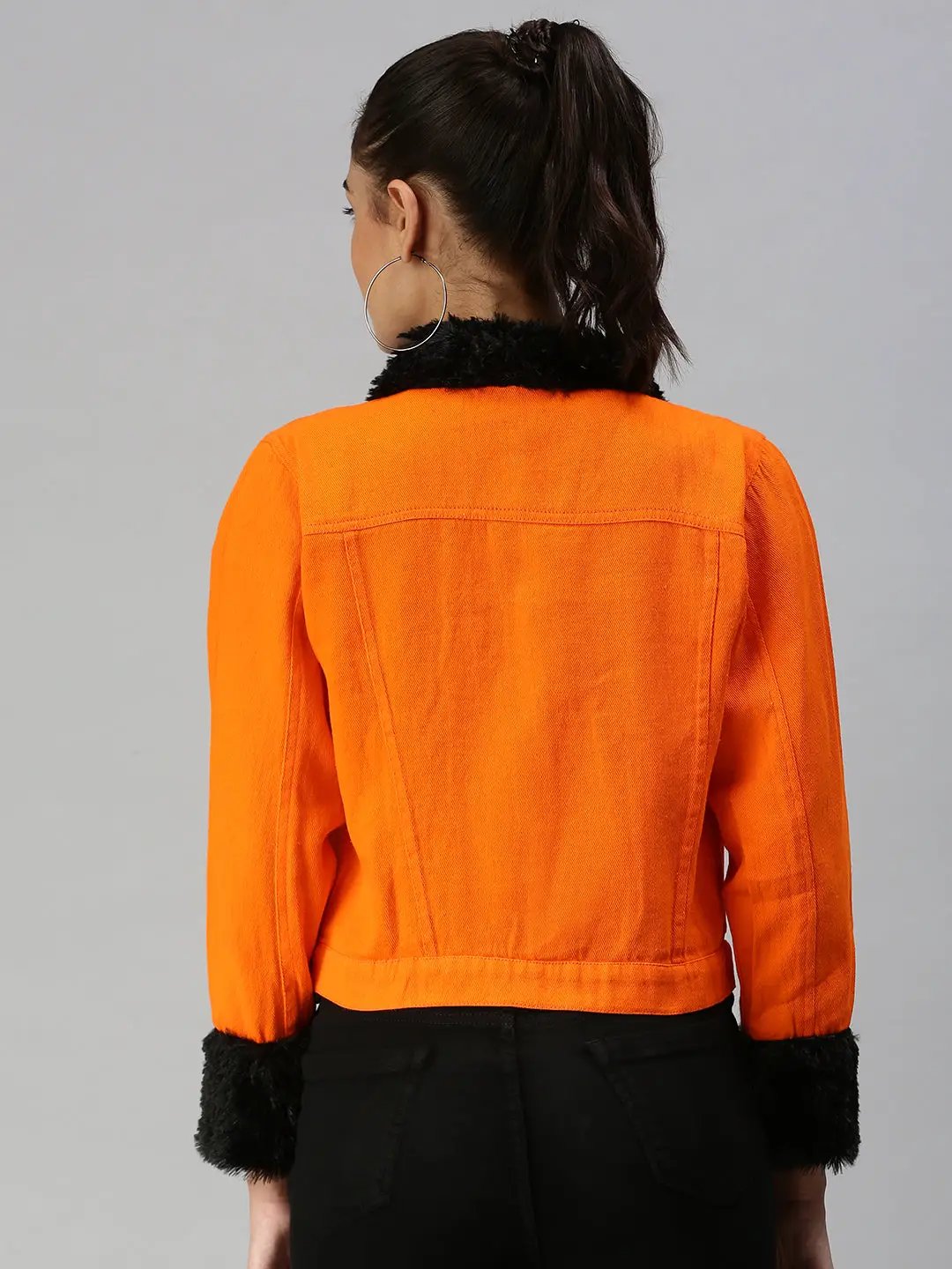 Women's Orange Solid Denim Jacket Jackets